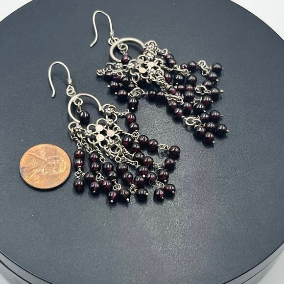 Sterling Silver 925 Garnet Beaded‎ Chandelier Dangle Flowing Earrings January - Picture 5 of 7